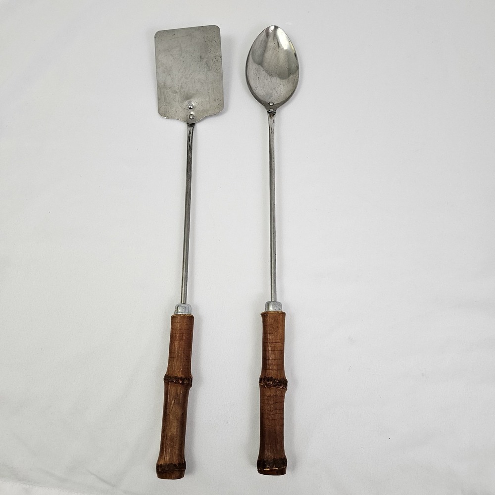 MCM Bamboo Handle BBQ Barbecue Set Stainless Steel Grill Set 2PC Vintage